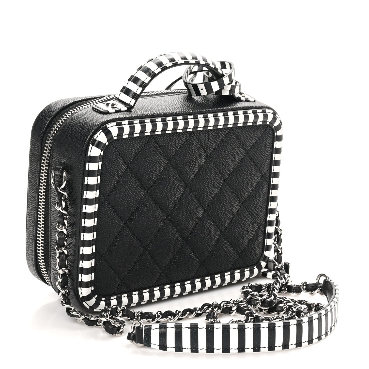 Caviar Quilted Striped Small CC Filigree Vanity Case Black White