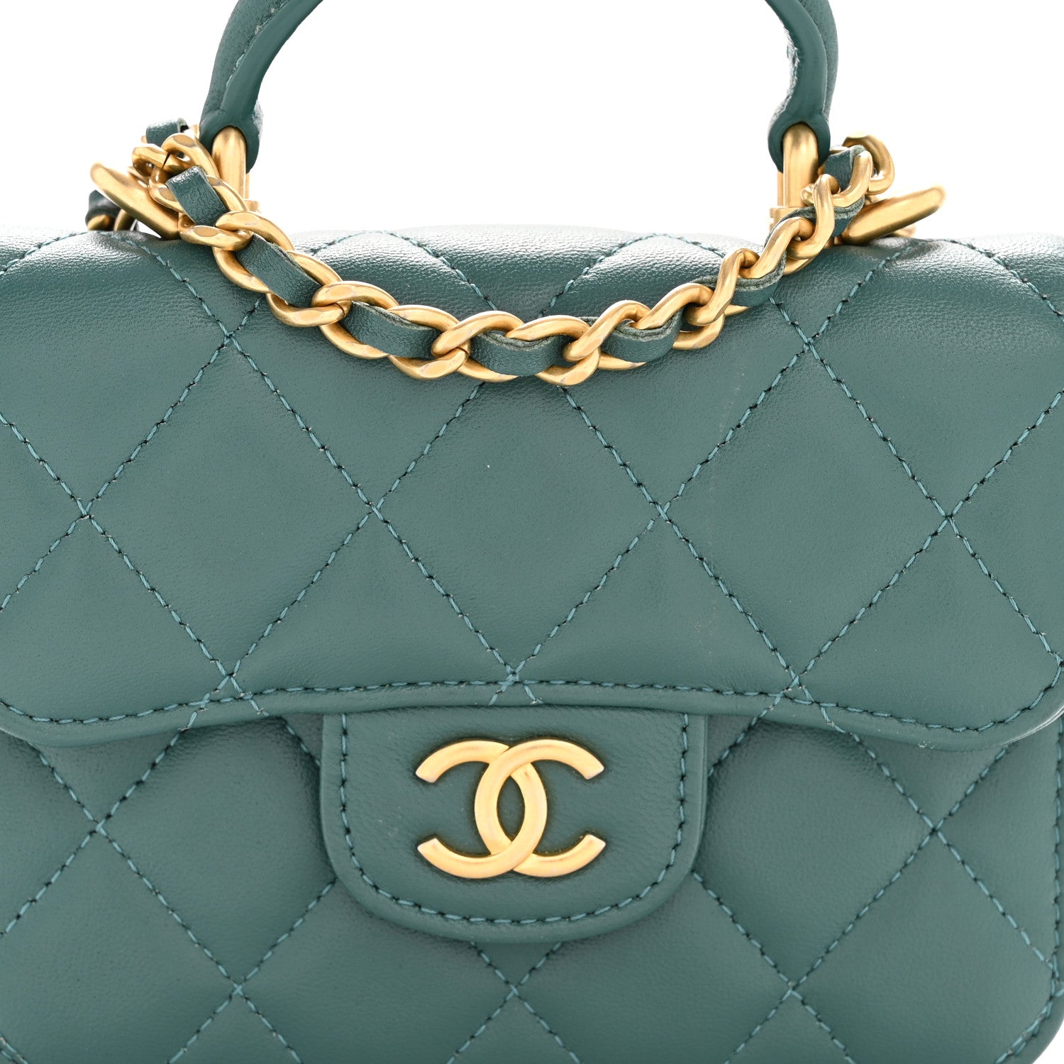 Lambskin Quilted Top Handle Flap Coin Purse With Chain Green