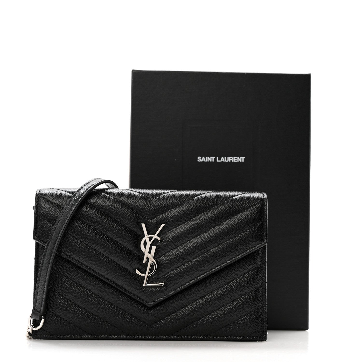 Grain De Poudre Matelasse Chevron Monogram Envelope Chain Wallet Black
