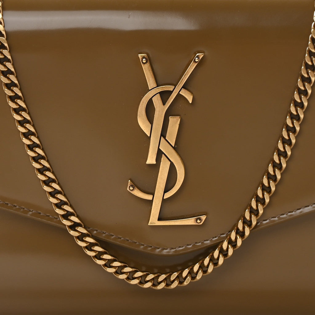 Patent Calfskin Uptown Chain Wallet Taupe