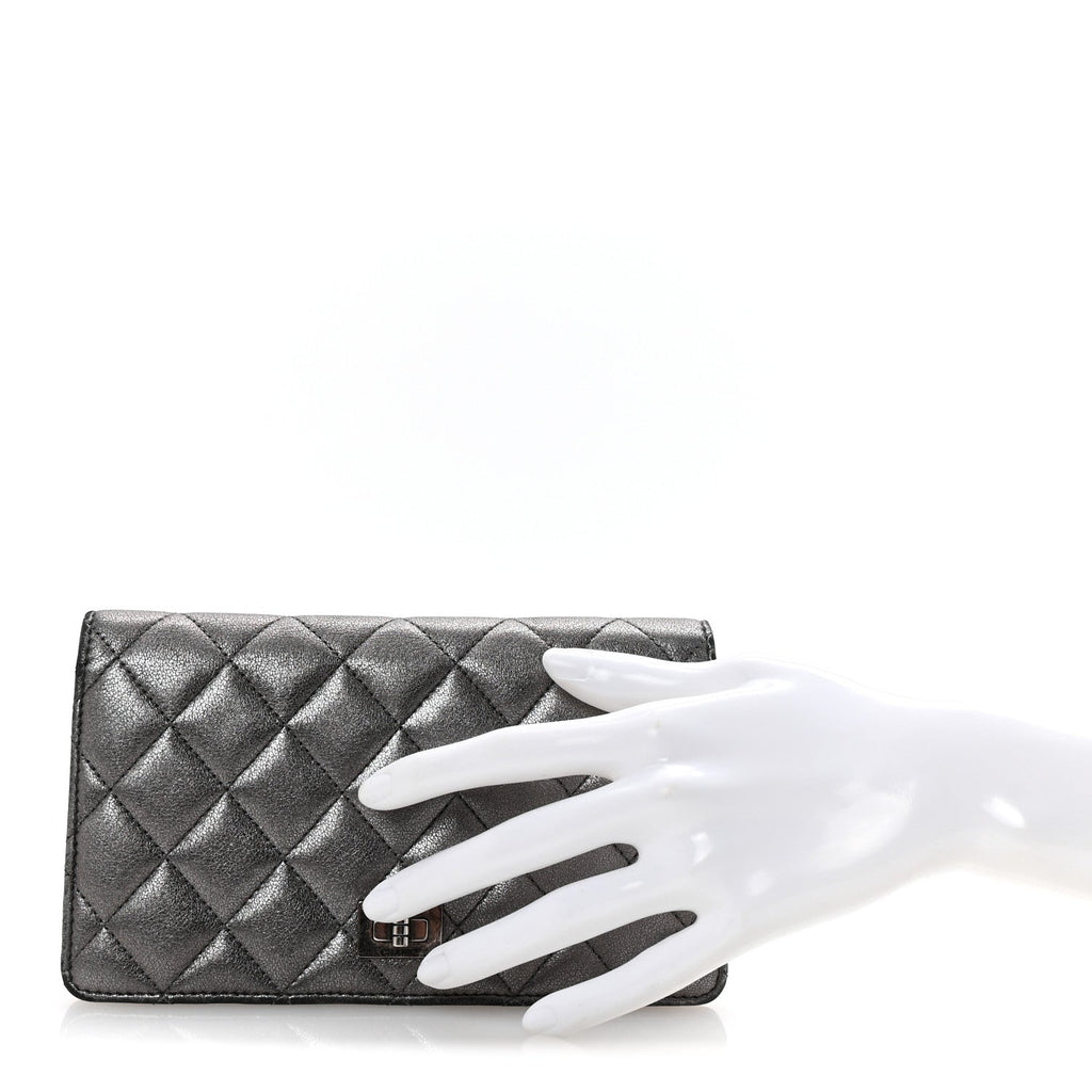 Metallic Aged Calfskin Quilted Reissue Yen Wallet Silver