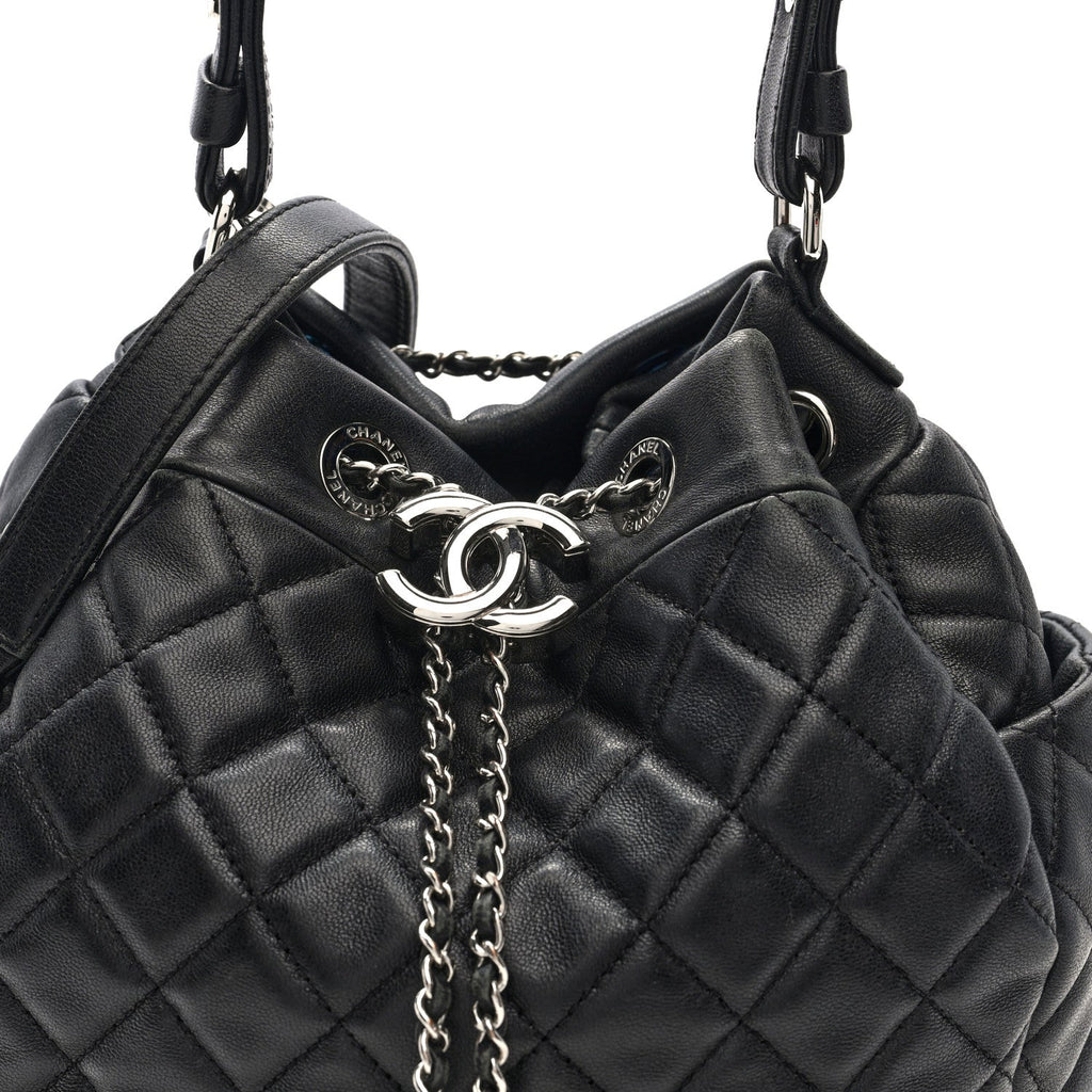 Lambskin Quilted CC Chain Drawstring Tote Black
