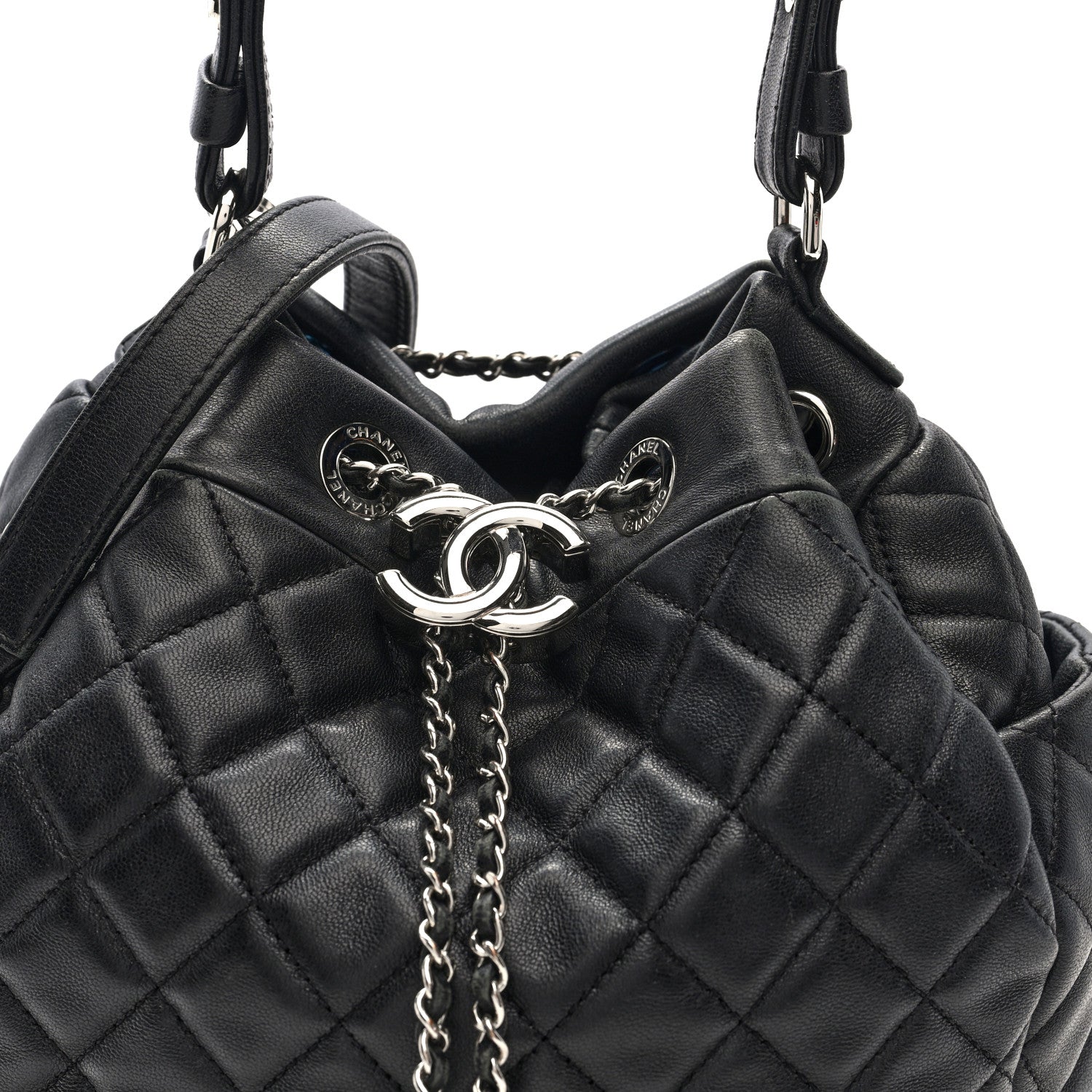 Lambskin Quilted CC Chain Drawstring Tote Black