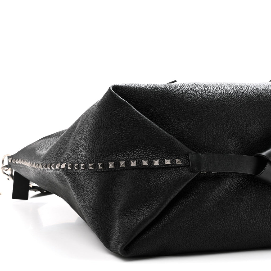 Grained Calfskin Rockstud Travel Tote Bag Black