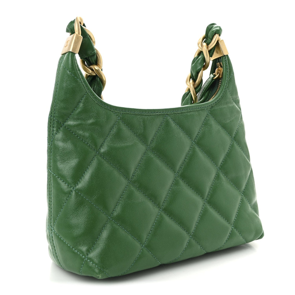 Shiny Crumpled Lambskin Quilted Small CC Funky Town Hobo Green