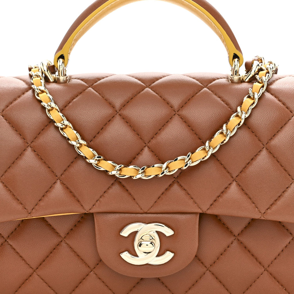 Lambskin Quilted Bi-Color Mini Top Handle Rectangular Flap Light Brown Yellow