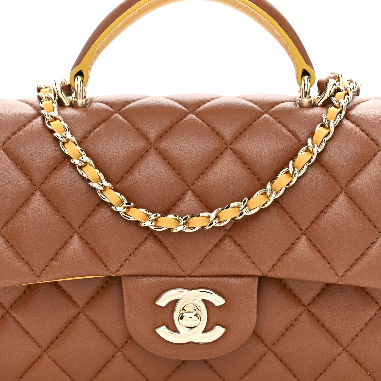 Lambskin Quilted Bi-Color Mini Top Handle Rectangular Flap Light Brown Yellow
