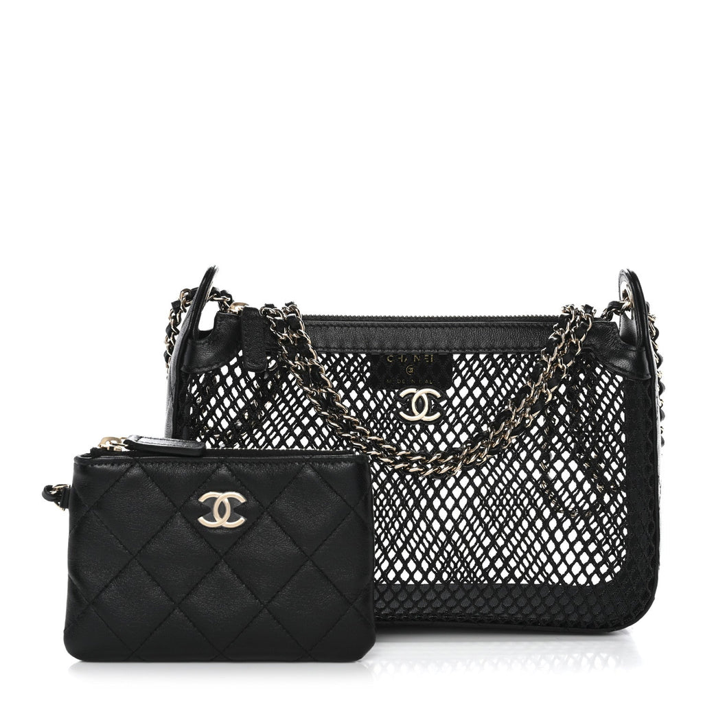 Mesh Shiny Lambskin Clutch With Chain Black