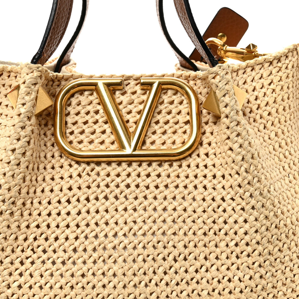 Raffia Grained Calfskin Small Rockstud Vlogo Tote Naturale