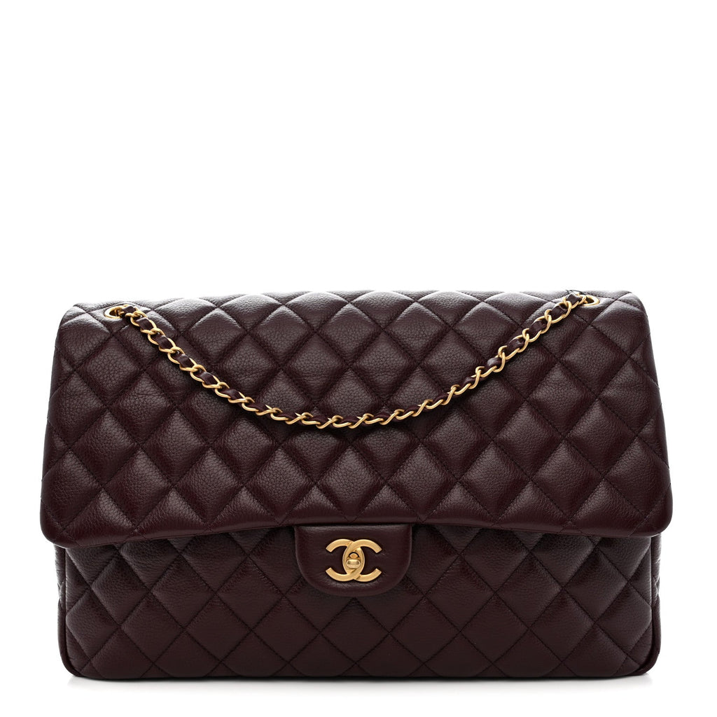 Grained Calfskin Quilted XXL Travel Flap Bag Burgundy