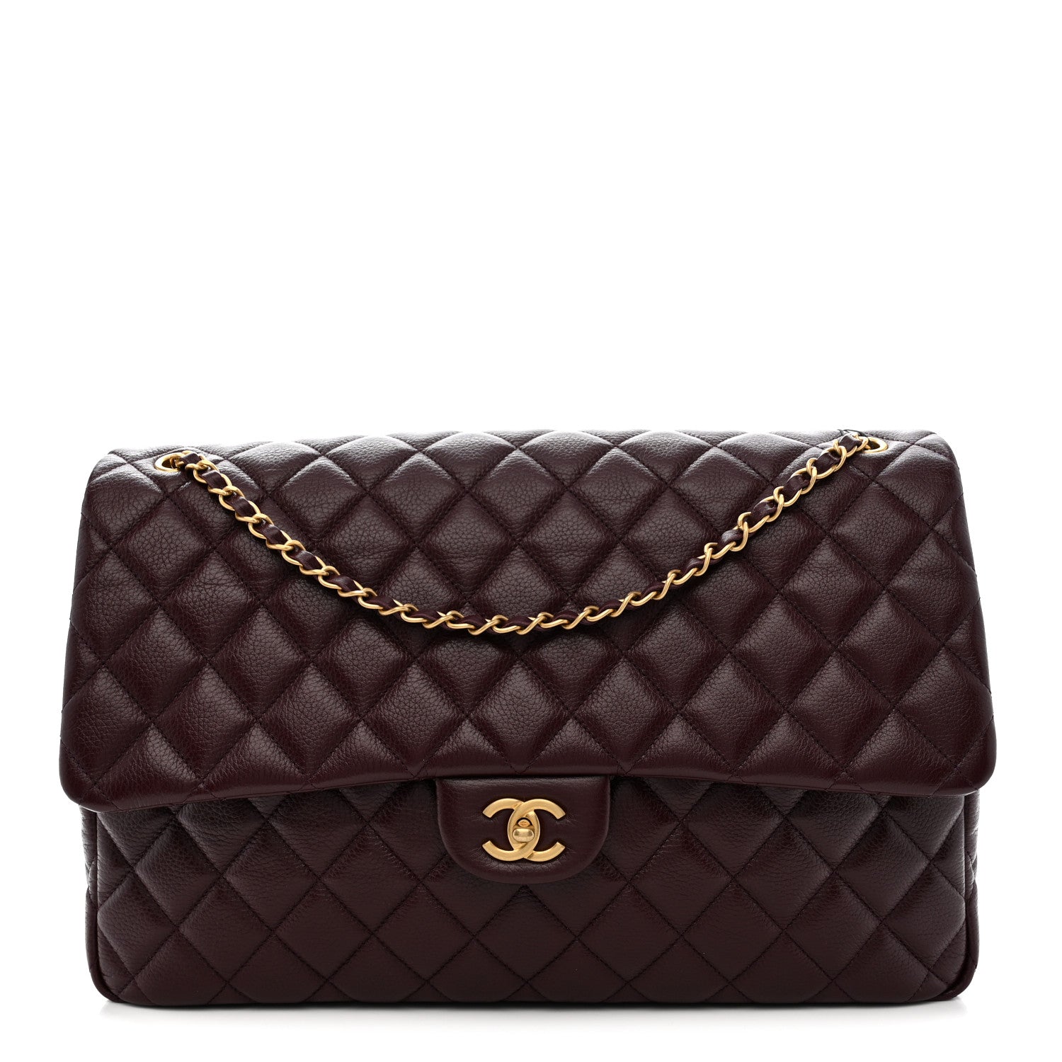 Grained Calfskin Quilted XXL Travel Flap Bag Burgundy
