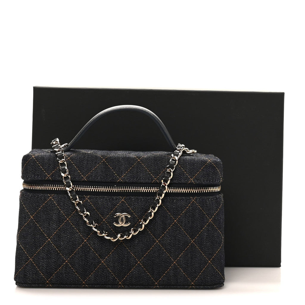 Denim Quilted Top Handle Slim Vanity Case With Chain Dark Blue Orange