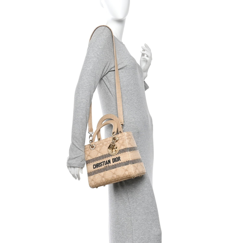 Raffia Woven Cannage Embroidered Medium Lady D-Lite Natural Black
