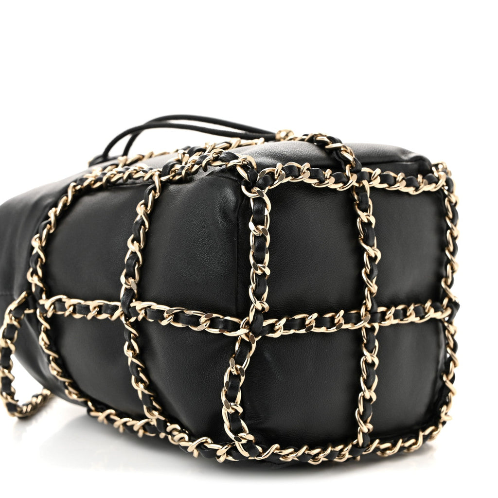Lambskin Bucket Chain Drawstring Bag Black