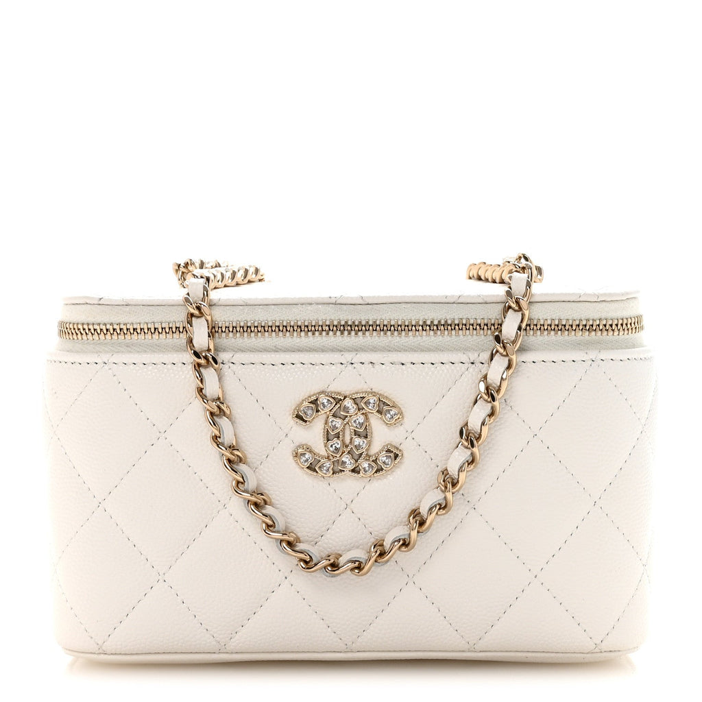 Caviar Quilted Crystal Hearts Small Vanity Case With Chain White