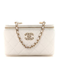Caviar Quilted Crystal Hearts Small Vanity Case With Chain White