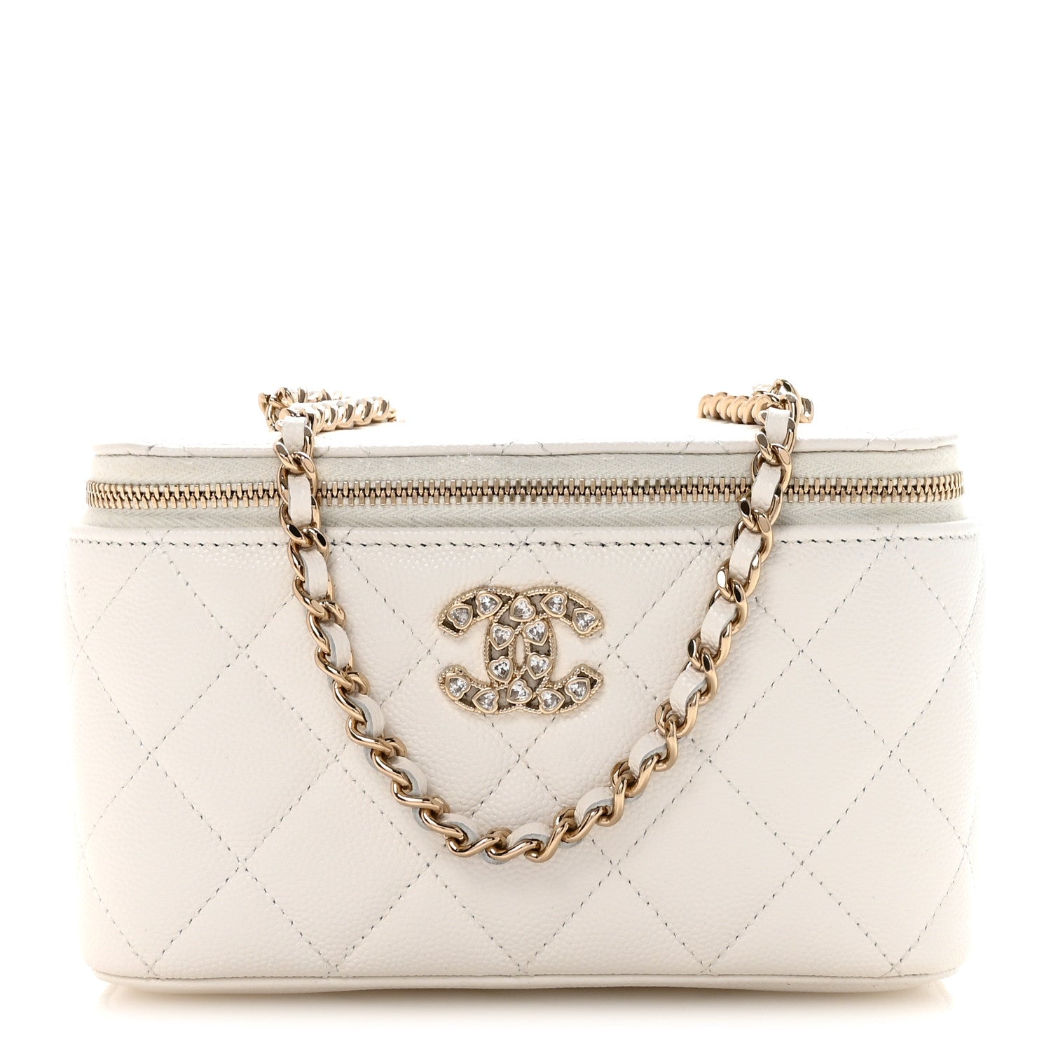 Caviar Quilted Crystal Hearts Small Vanity Case With Chain White