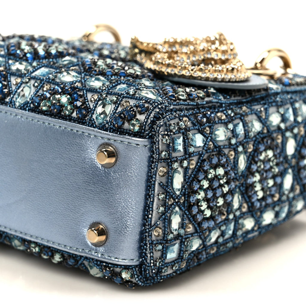 Metallic Calfskin Satin Celestial Bead Embroidery Cannage Mini Lady Dior Blue
