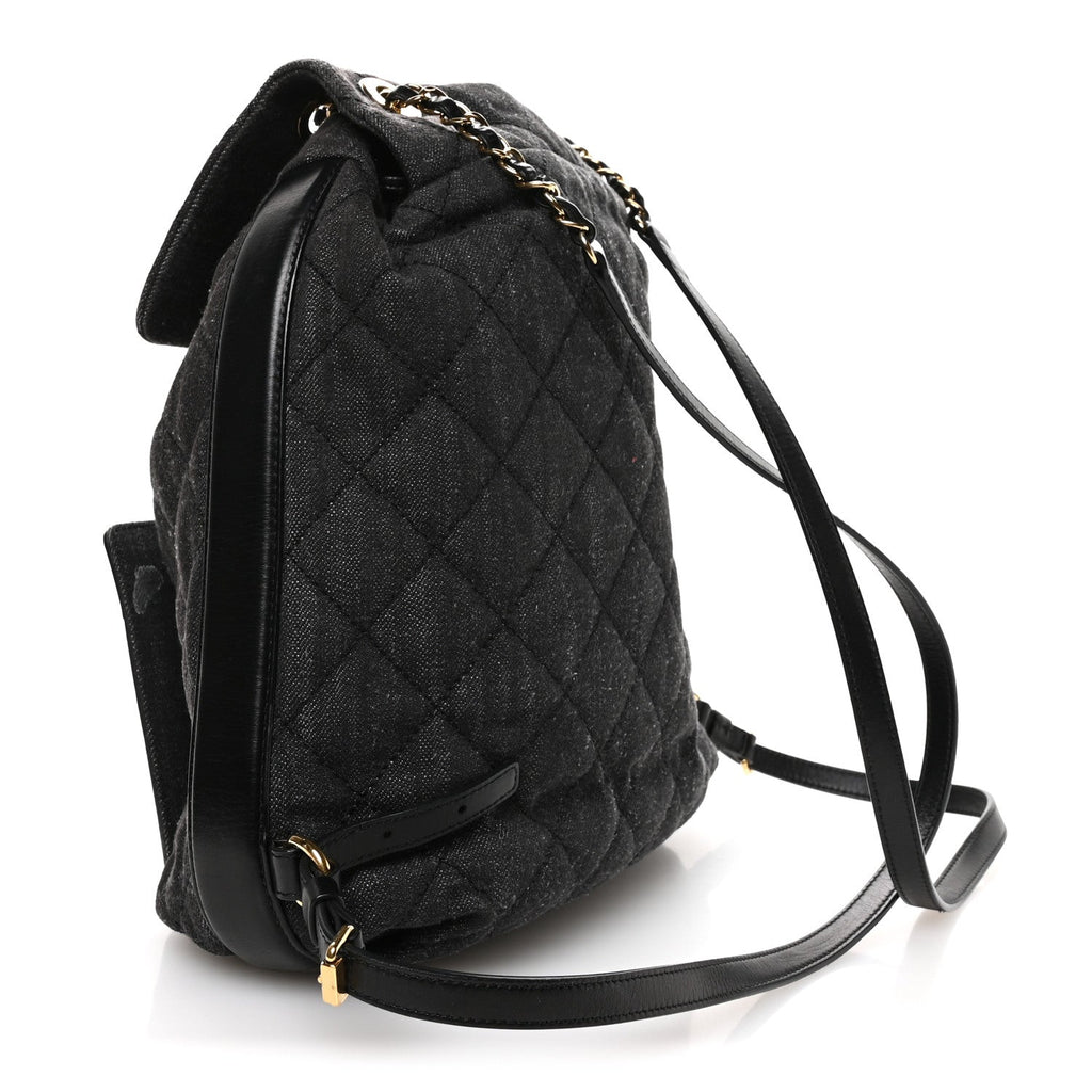 Denim Calfskin Quilted Backpack Dark Grey Black