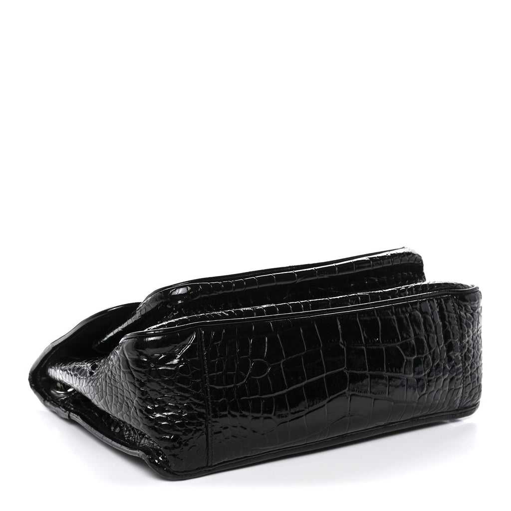 Patent Crocodile Embossed Lambskin Monogram Medium Niki Chain Satchel Black