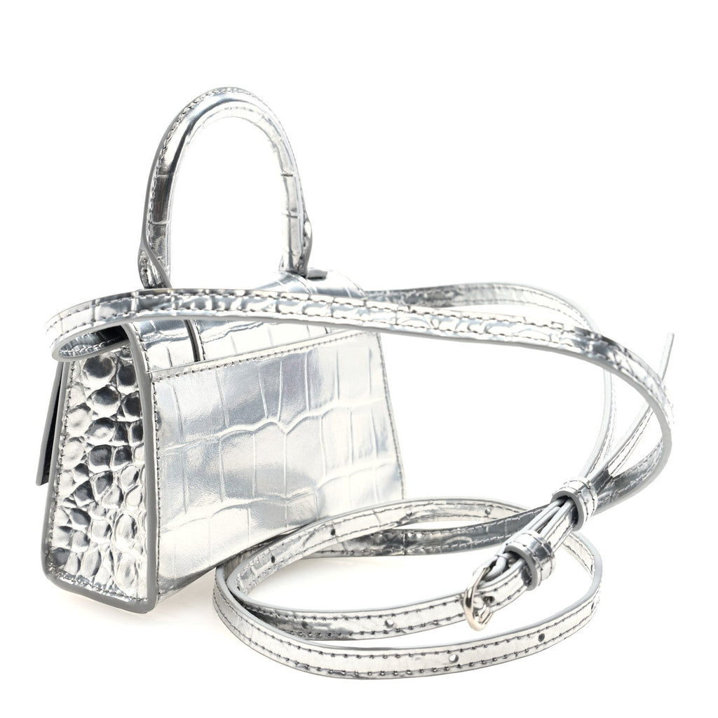 Metallic Calfskin Crocodile Embossed Hourglass Top Handle Bag Mini Silver