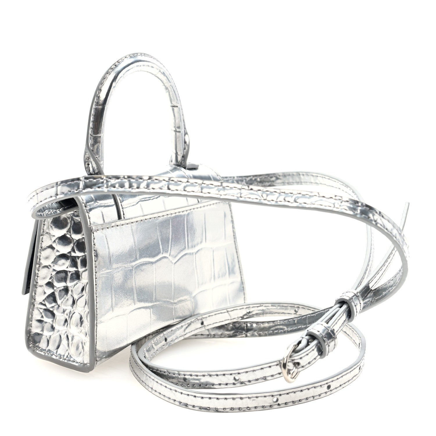 Metallic Calfskin Crocodile Embossed Hourglass Top Handle Bag Mini Silver
