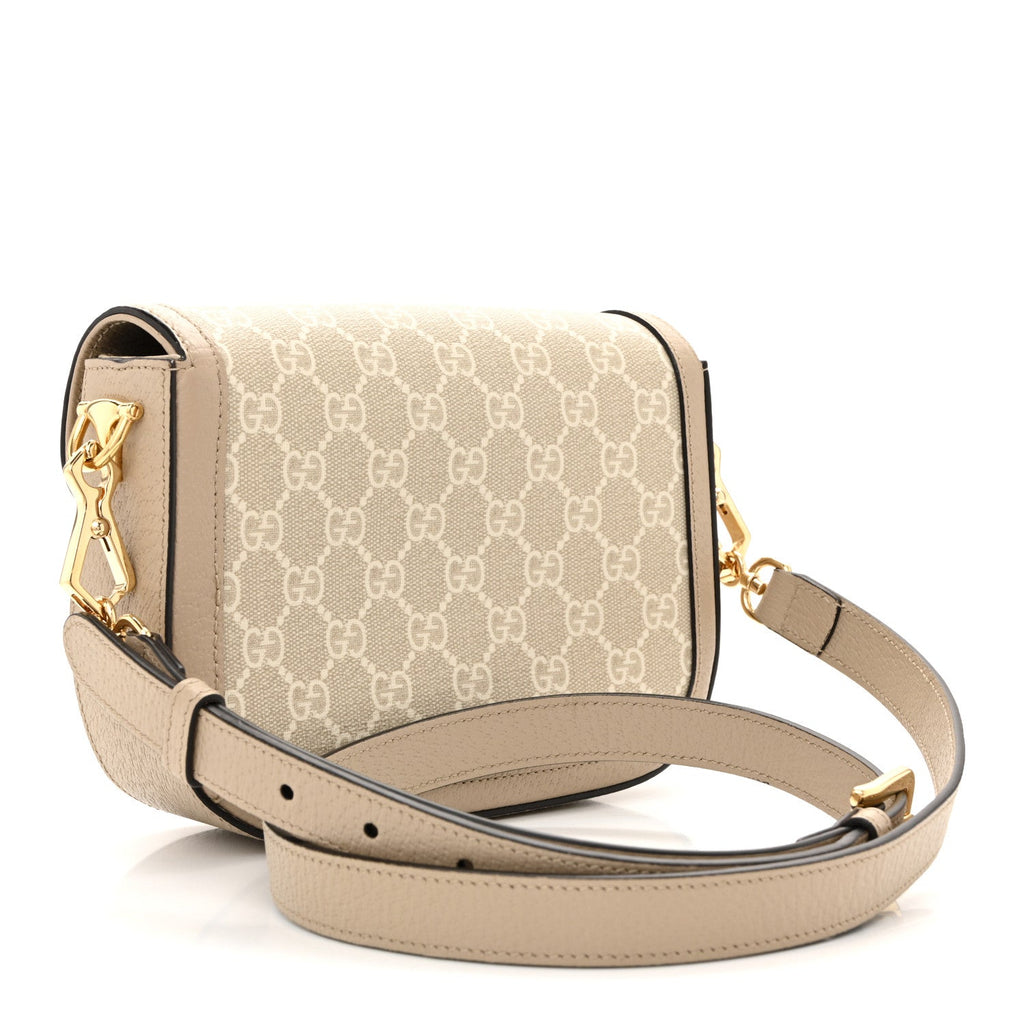 GG Supreme Monogram Textured Dollar Calfskin Web Mini Horsebit 1955 Shoulder Bag Beige Mystic White Oatmeal