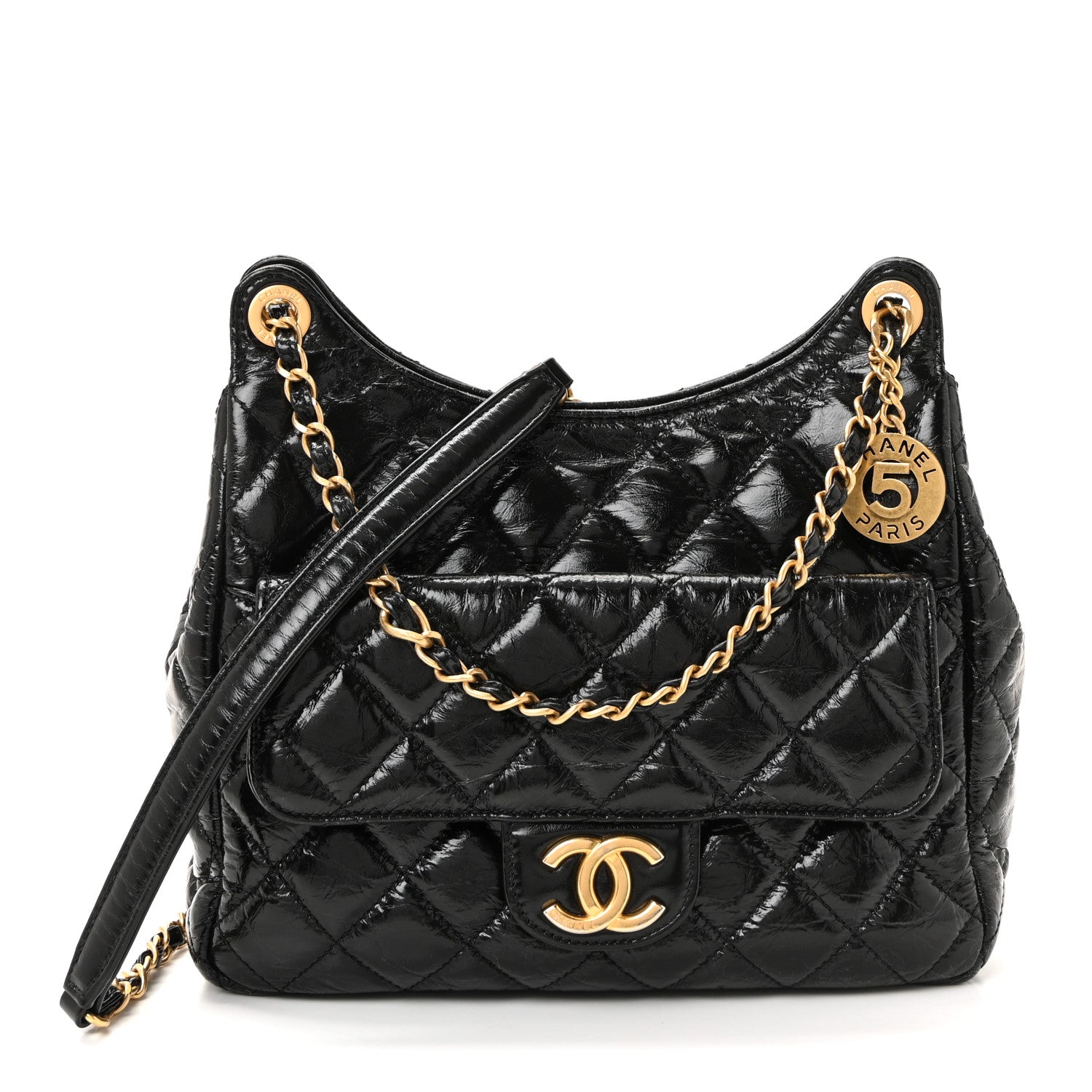 Shiny Crumpled Calfskin Quilted Wavy CC Hobo Black