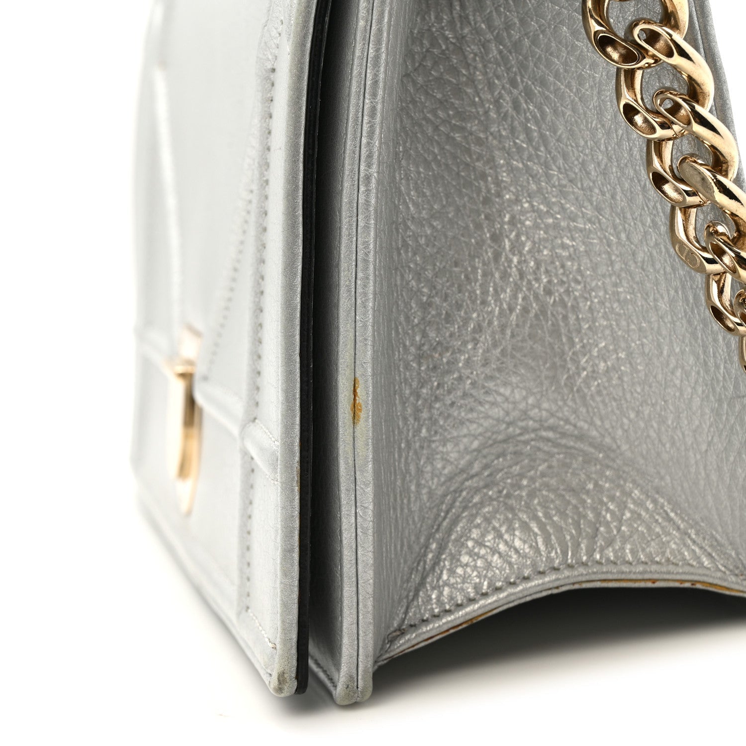 Metallic Grained Calfskin Diorama Wallet on Chain Pouch Silver