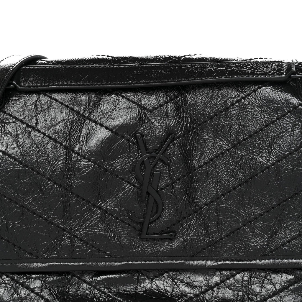 Crinkled Calfskin Matelasse Monogram Medium Niki Chain Satchel Black