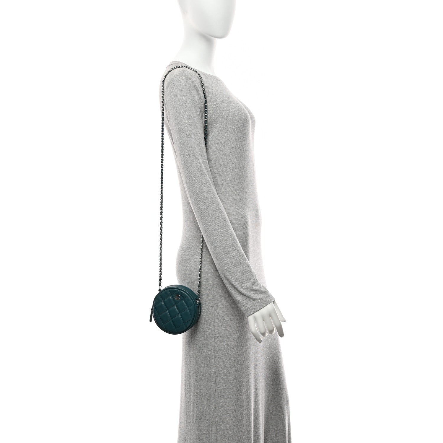 Caviar Quilted Round Clutch With Chain Green