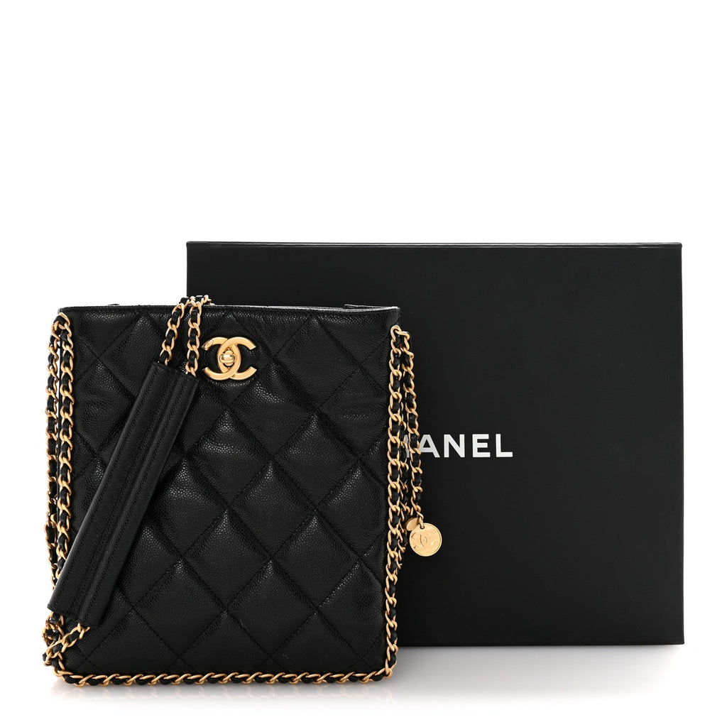 Caviar Quilted Mini Never Ending Chain Tote Black