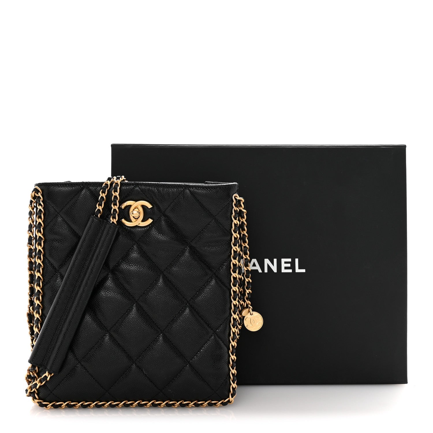 Caviar Quilted Mini Never Ending Chain Tote Black