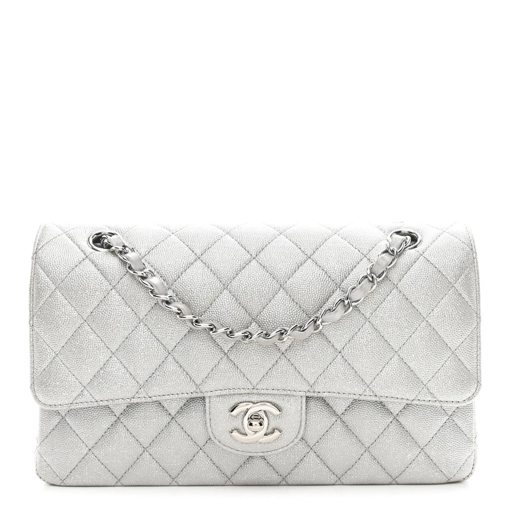 Glittered Metallic Caviar Quilted Medium Double Flap Silver