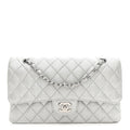 Glittered Metallic Caviar Quilted Medium Double Flap Silver