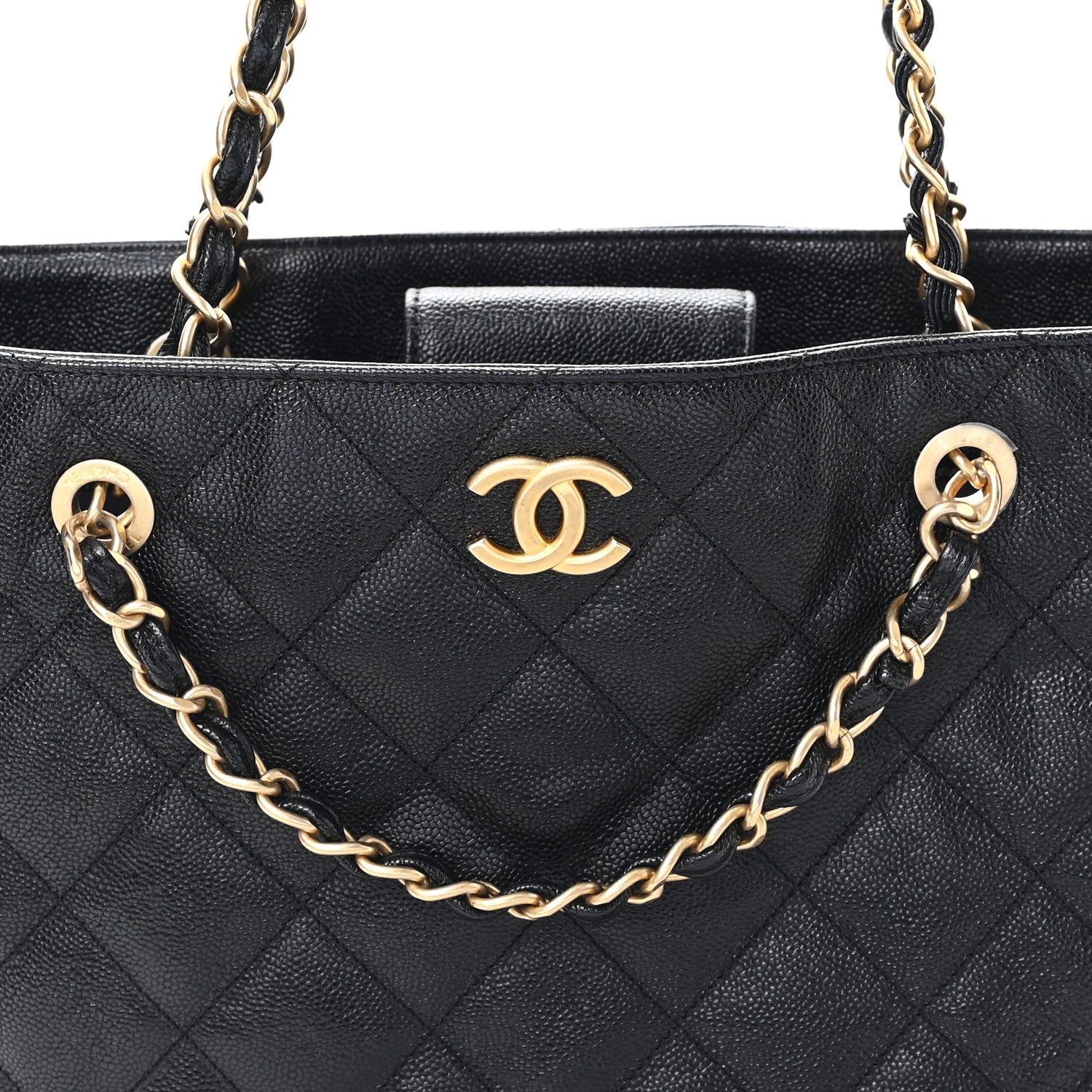 Caviar Quilted Small Trapezoid Chain Shopping Tote Black