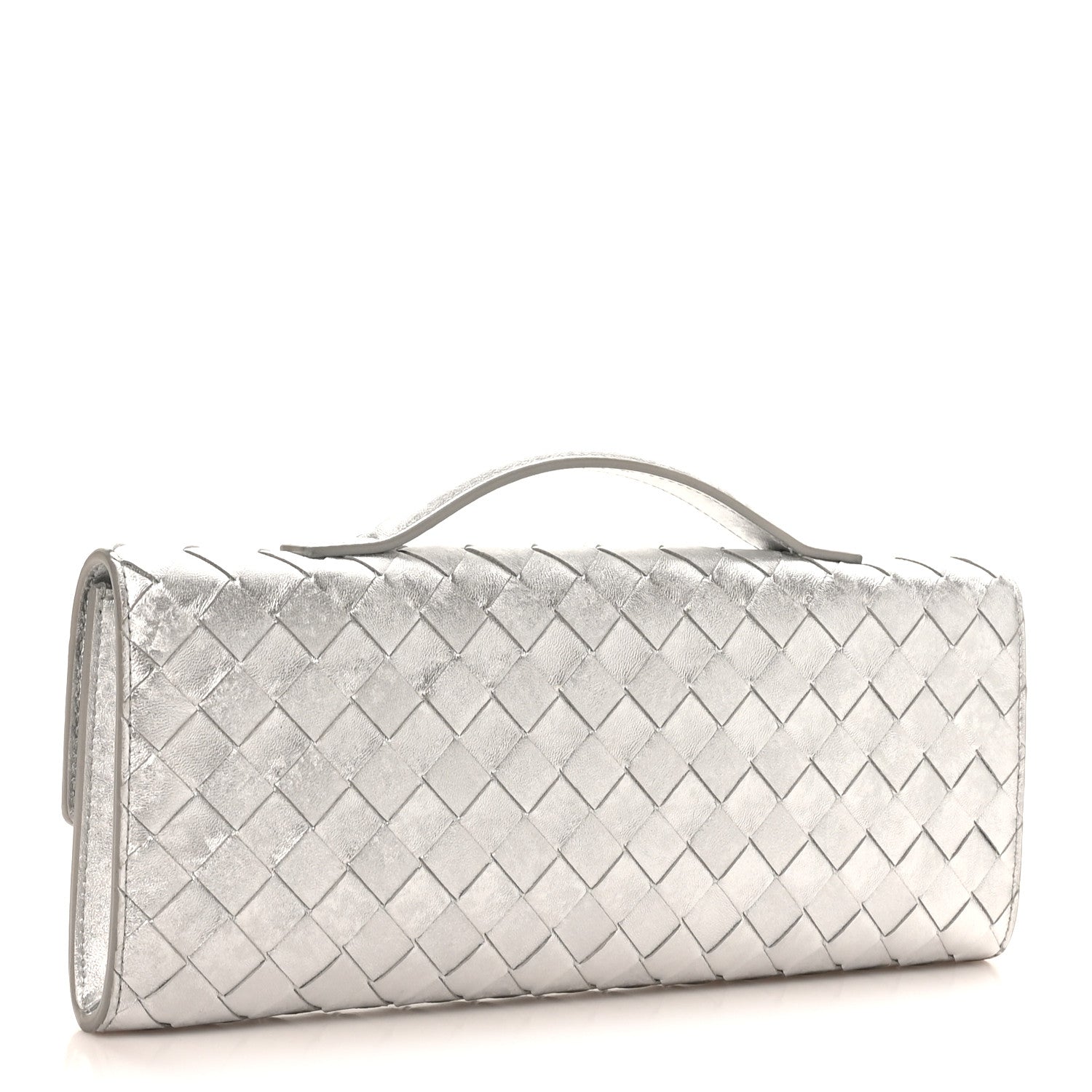 Metallic Lambskin Intrecciato Long Andiamo Top Handle Clutch Silver