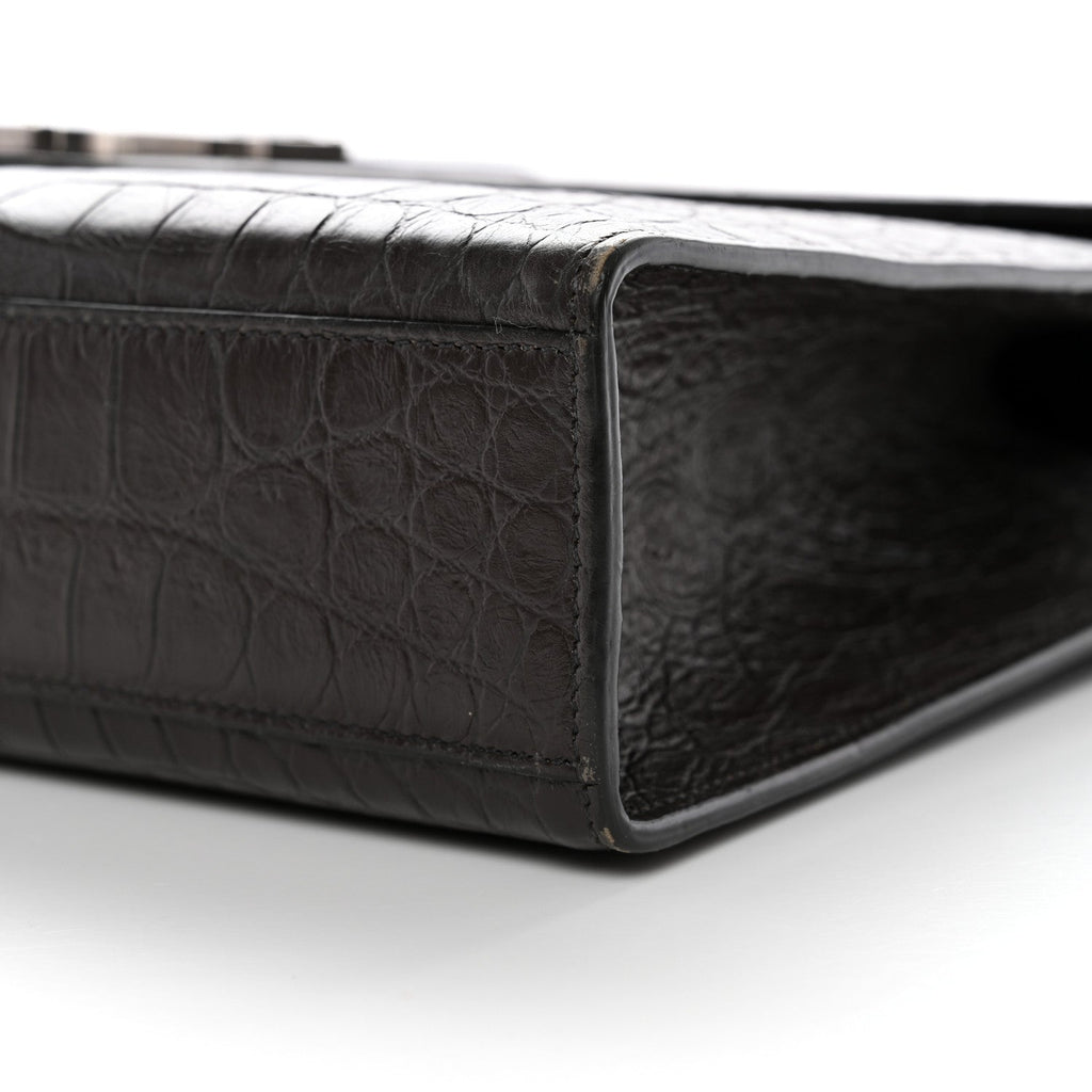 Calfskin Crocodile Embossed Large Monogram Satchel Dark Brown
