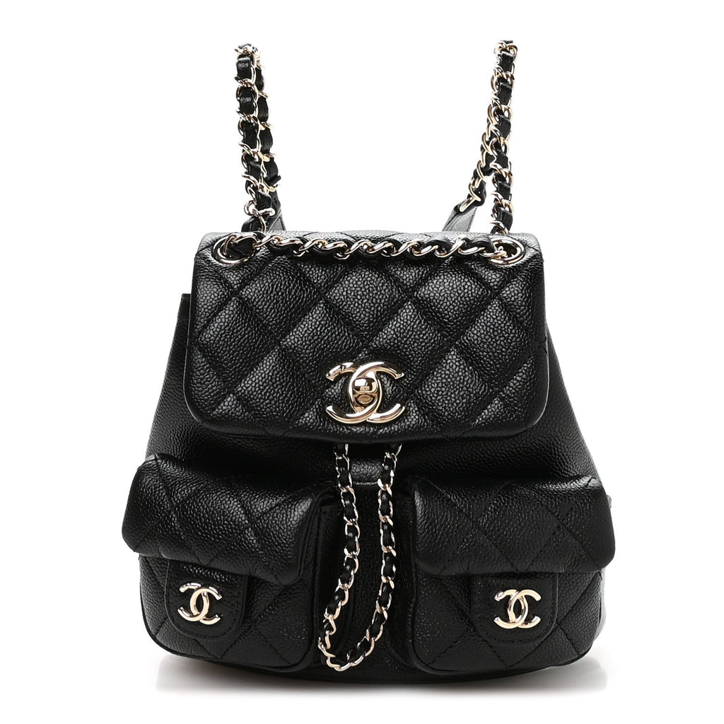 Shiny Caviar Quilted Small Duma Pockets Drawstring Backpack Black