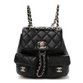 Shiny Caviar Quilted Small Duma Pockets Drawstring Backpack Black