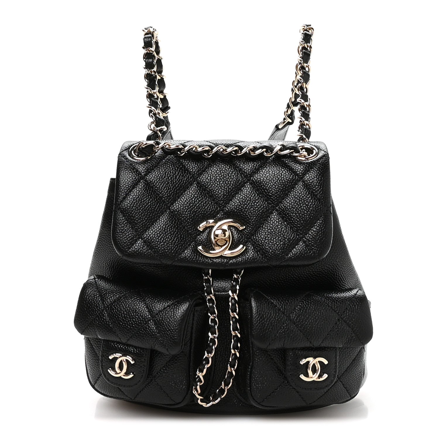 Shiny Caviar Quilted Small Duma Pockets Drawstring Backpack Black