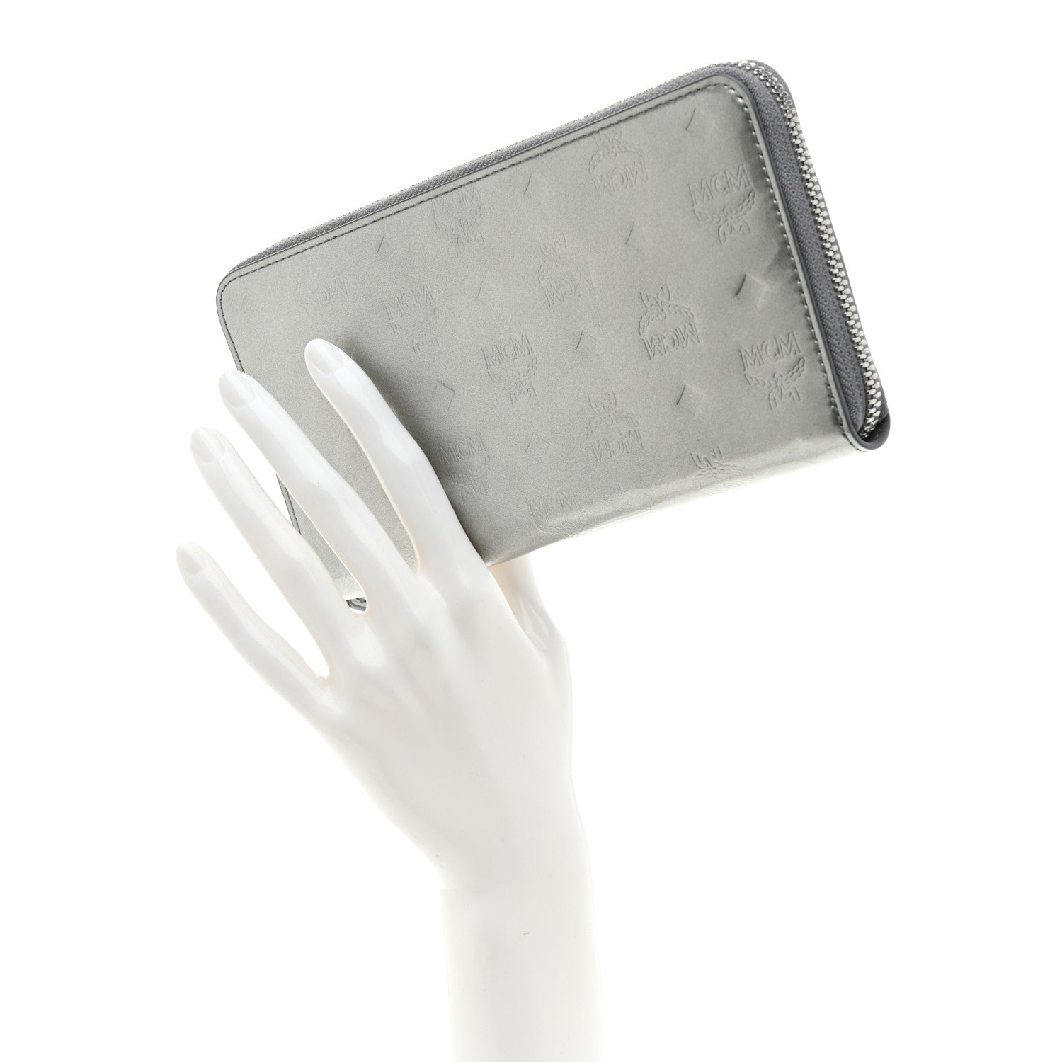 Metallic Monogram Patent Large Zip Around Wallet Silver