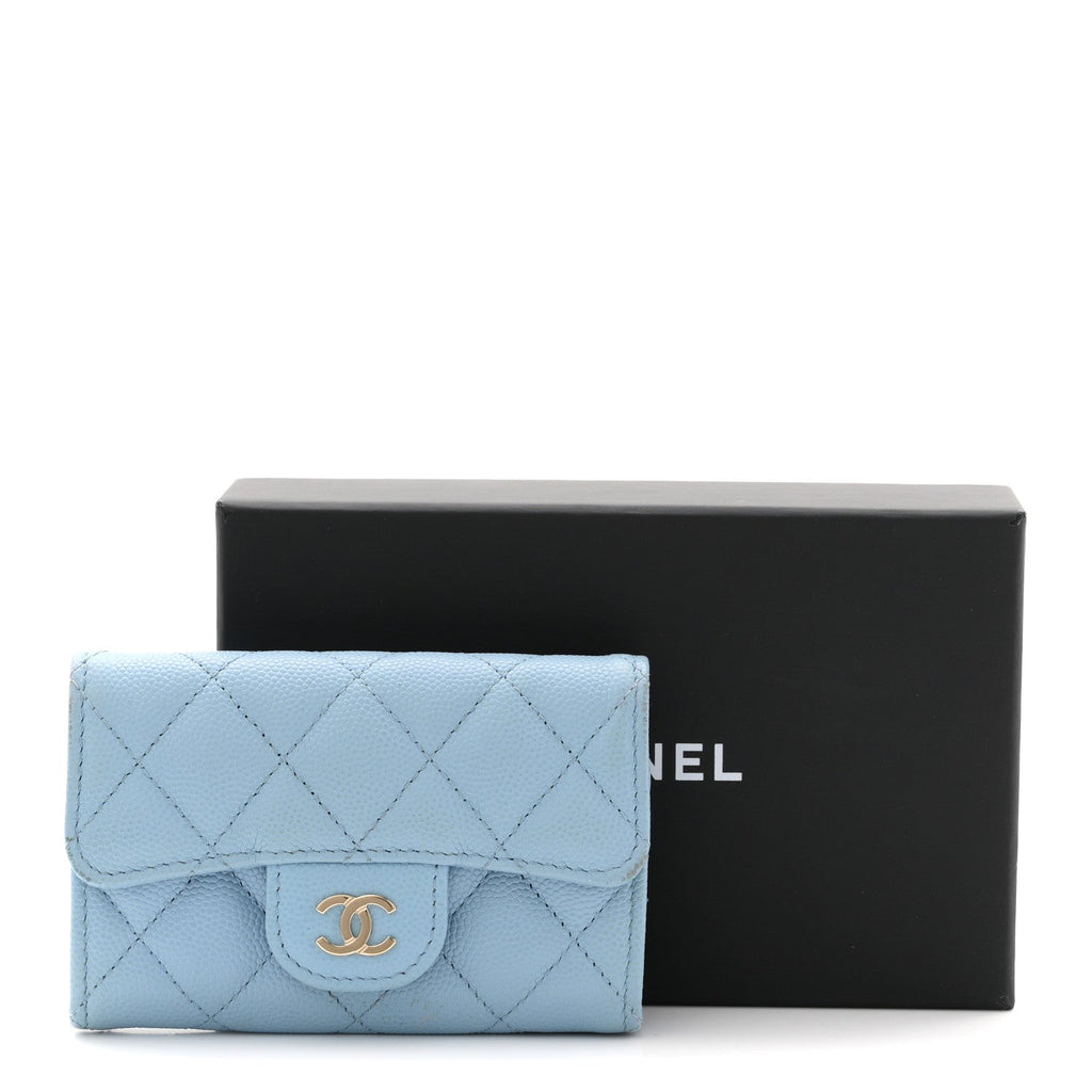 Caviar Quilted Flap  Holder Wallet Light Blue