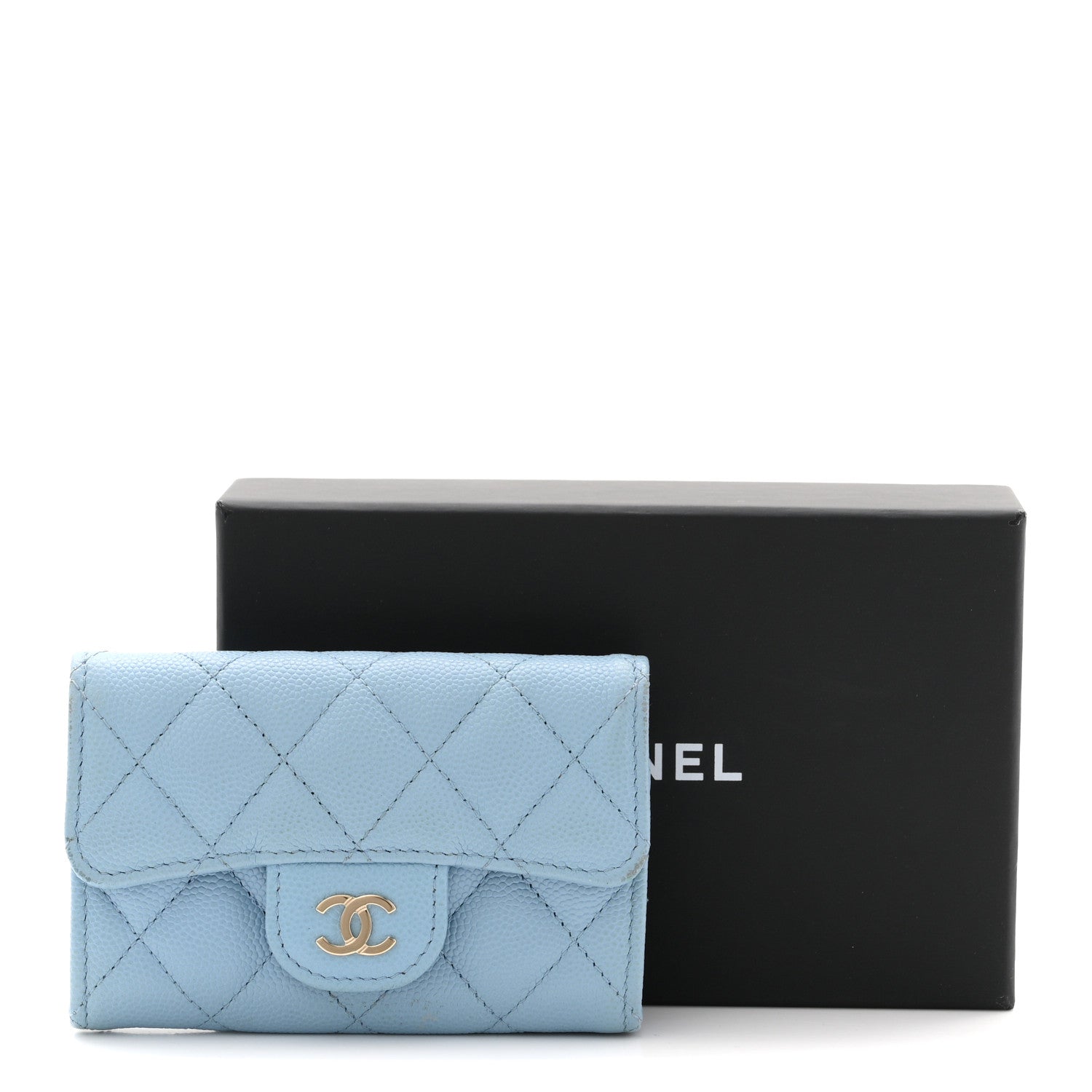 Caviar Quilted Flap  Holder Wallet Light Blue