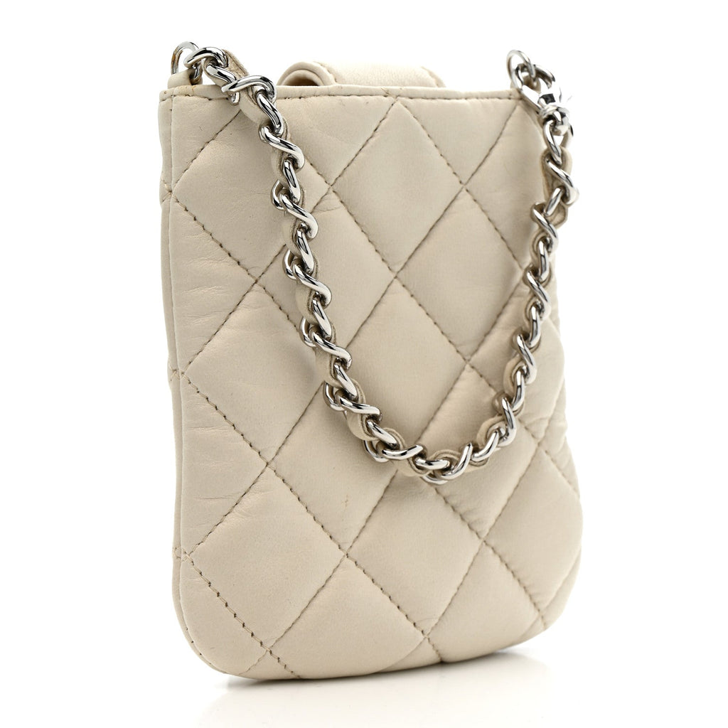 Lambskin Quilted Phone Holder On Chain White