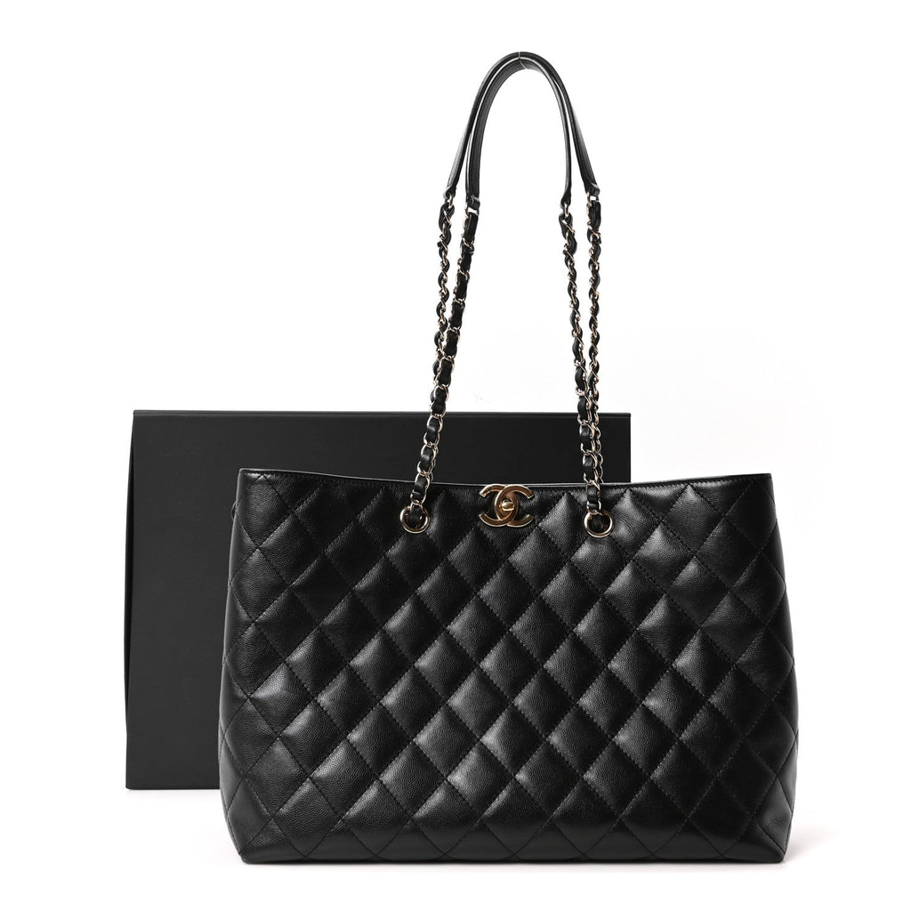Caviar Quilted Small Shopping Tote Black