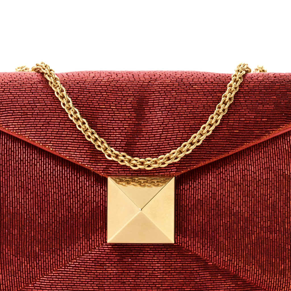 Nappa Beaded One Stud Chain Clutch Red