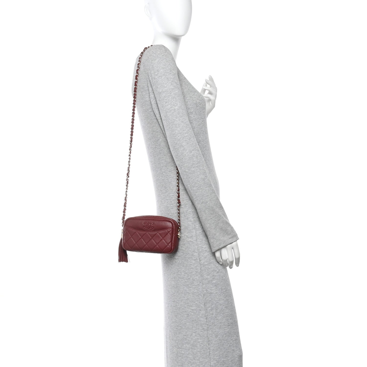 Caviar Quilted Mini Coco Tassel Camera Case Burgundy