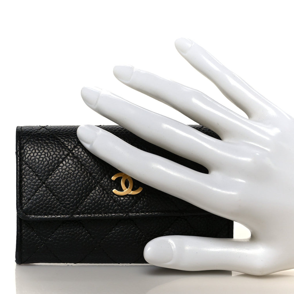 Caviar Quilted Flap  Holder Wallet Black