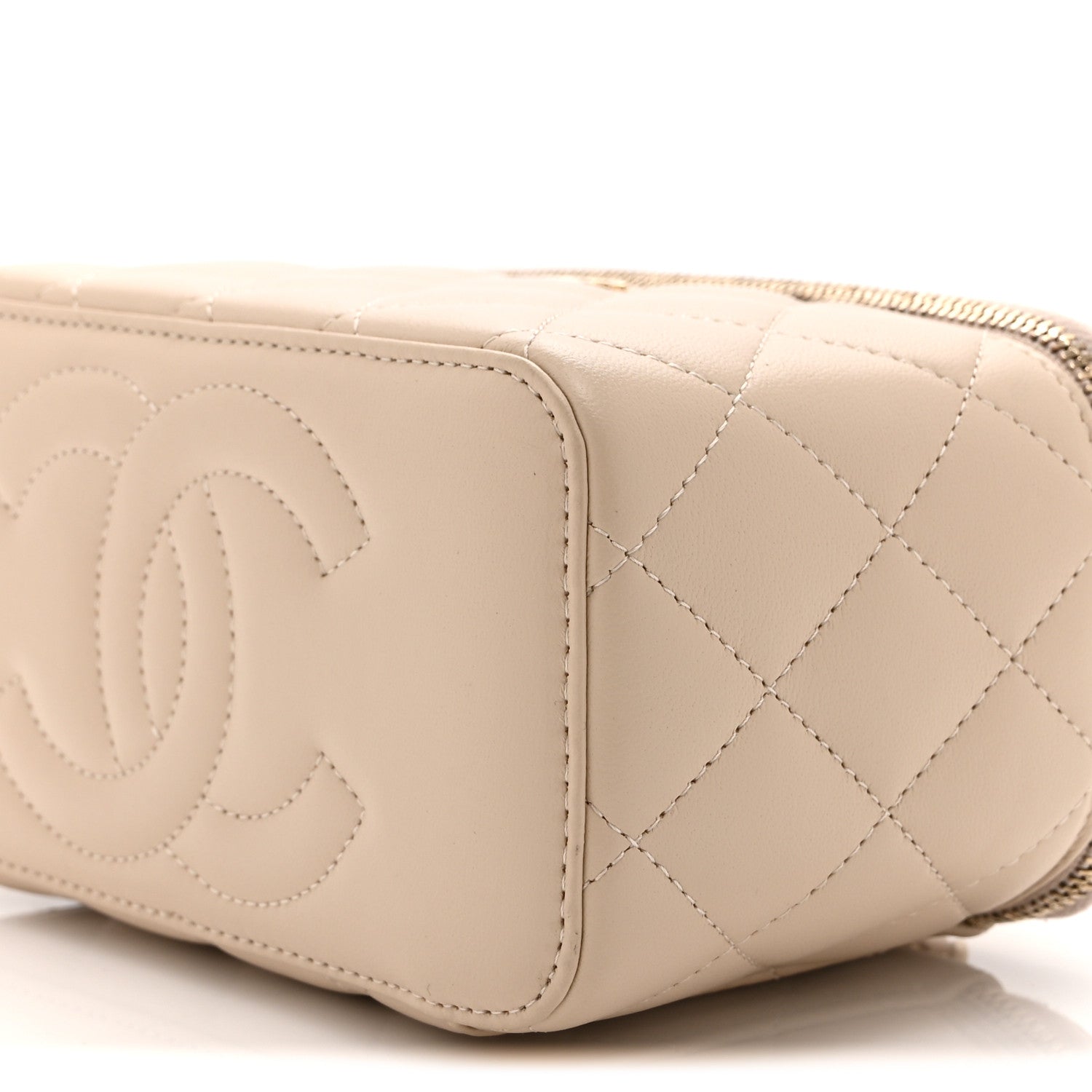 Lambskin Quilted Small Top Handle Vanity Case With Chain Beige